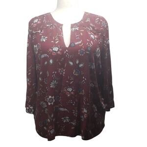 Loft Outlet Burgundy Floral Blouse Size XL Relaxed Fit Cottagecore Fall Staple